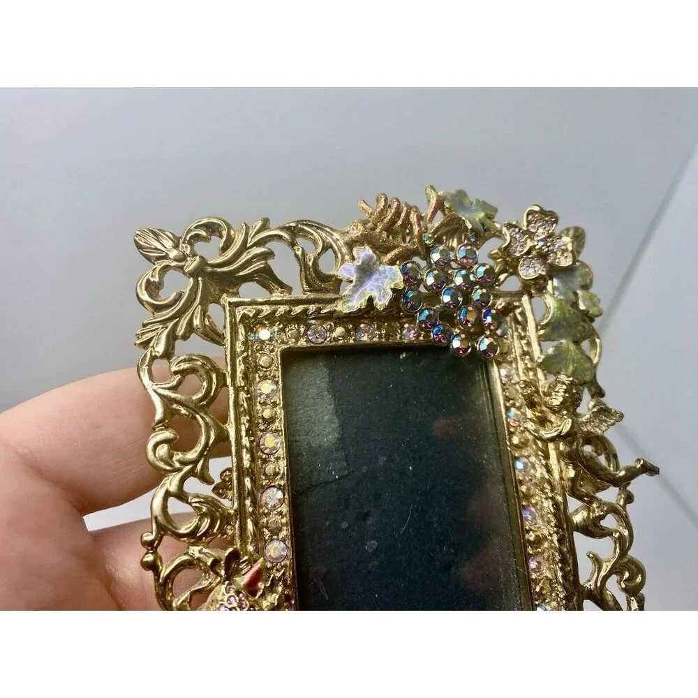Kirks Folly Signed Picture‎ Frame Rhinestone Grapes Cherub Bird Easel Back